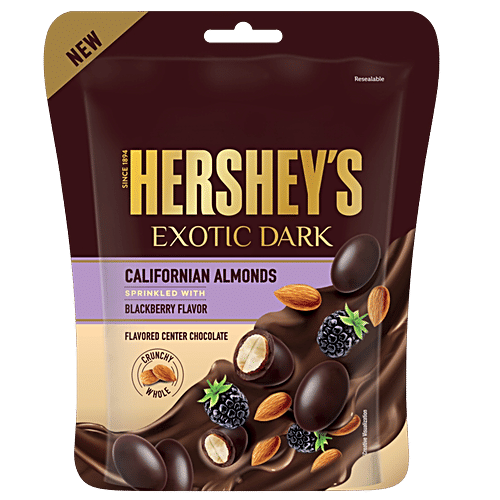 Hershey's Exotic Dark Californian Almonds Chocolate - Sprinkled With Blackberry Flavour, 90 g  Dark Cocoa Rich Flavoured Centre Chocolates