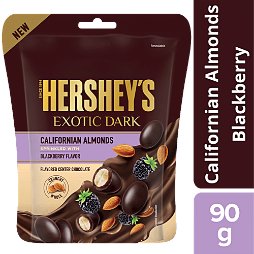 Hershey's Exotic Dark Californian Almonds Chocolate - Sprinkled With Blackberry Flavour, 90 g  Dark Cocoa Rich Flavoured Centre Chocolates