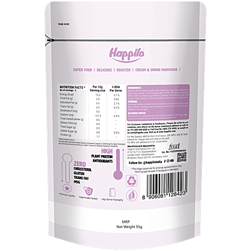 Happilo Premium Cream & Onion Makhana, 55 g Gluten Free, Zero Transfat, Non GMO, Zero Cholestrol