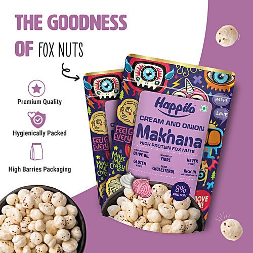 Happilo Premium Cream & Onion Makhana, 55 g Gluten Free, Zero Transfat, Non GMO, Zero Cholestrol