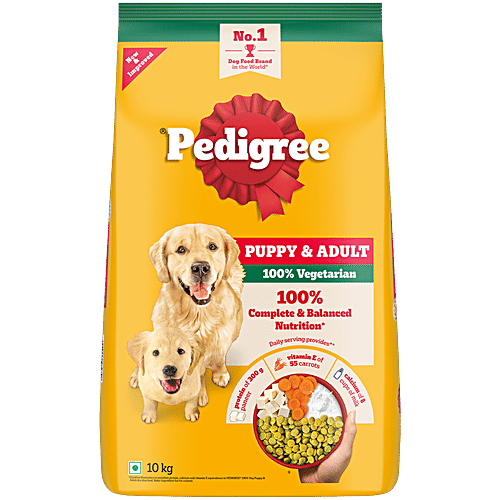 Pedigree Adult & Puppy Dry Dog Food - 100% Vegetarian, 10 kg Healthy Muscles & Bones, Healthy Digestive System, Brain Development In Puppies, Complete & Balanced Food