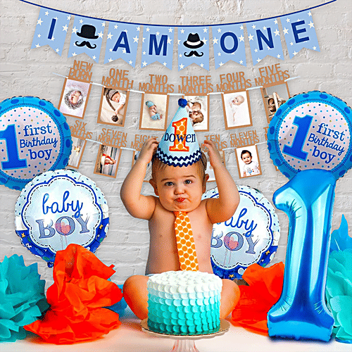 Party Propz 1st Birthday Decoration Items Combo - For Baby Boy, 7 pcs