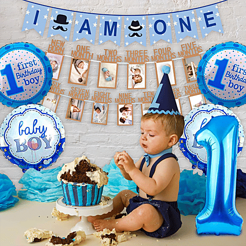 Party Propz 1st Birthday Decoration Items Combo - For Baby Boy, 7 pcs