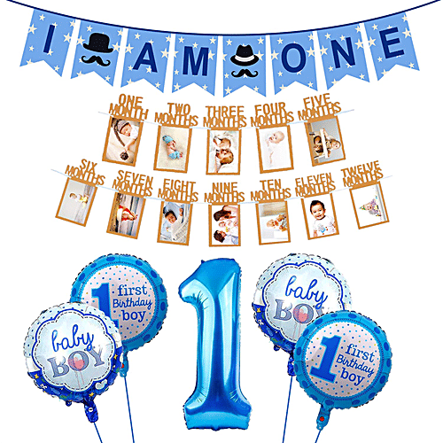 Party Propz 1st Birthday Decoration Items Combo - For Baby Boy, 7 pcs