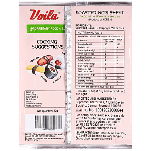 VOILA Dae Chun Gim Roasted Sushi Nori - 10 Seaweed Sheets, 22 g