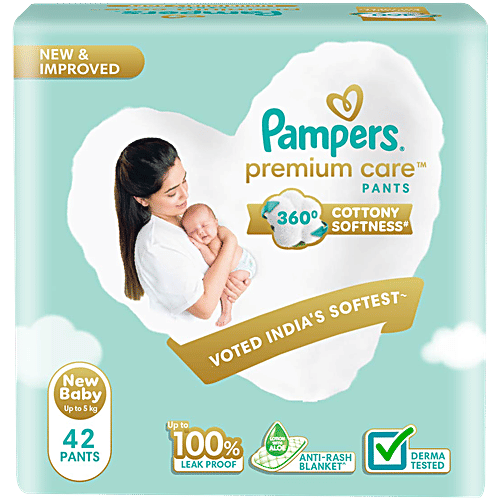 Pampers Premium Care Diaper Pants - Newborn Size, Up To 5 kg, 42 pcs 360 Degree Cottony Softness, Long-Lasting, Breathable, Dermatologically Tested