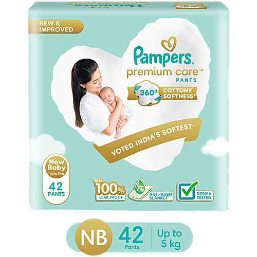 Pampers Premium Care Diaper Pants - Newborn Size, Up To 5 kg, 42 pcs 360 Degree Cottony Softness, Long-Lasting, Breathable, Dermatologically Tested