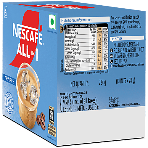 Nescafe  All In 1 Frappe Instant Cold Coffee Premix Powder, 224 g (8 x 28 g each) 8 Serves, Cold Beverage Premix, Quick & Easy