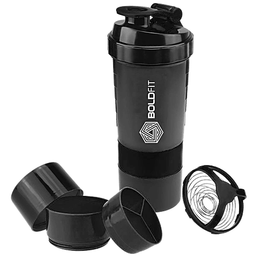 Boldfit Spider Gym Shaker with 2 Extra Compartments Black, 500 ml of