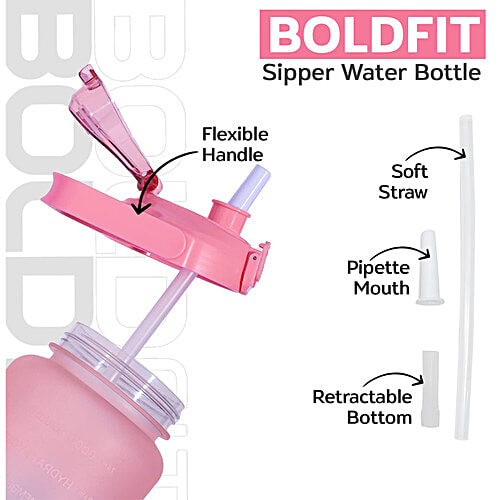 Boldfit Motivational Plastic Gym Gallon Water Bottle - With Time Markers, Blue Pink, 2 L  