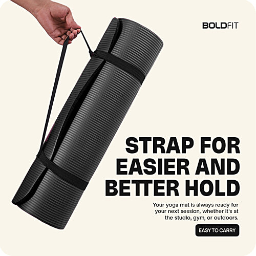 Boldfit Unisex Yoga Mat With Carrying Strap - 10 mm, Anti Slip, Black, 1 pc  For Exercise