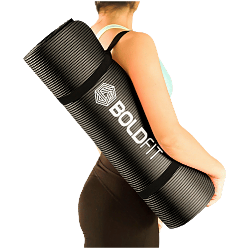 Boldfit Unisex Yoga Mat With Carrying Strap - 10 mm, Anti Slip, Black, 1 pc  For Exercise