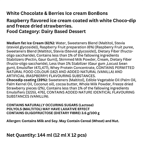 The Brooklyn Creamery White Chocolate & Berries Bonbons Ice Cream - Low Calorie, No Added Sugar, 144 ml (12 pcs x 12 ml) No Added Sugar, No Preservatives