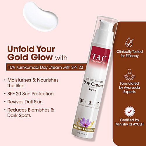 TAC - The Ayurveda Co. 10% Kumkumadi Day Cream With SPF 20, 50 g  For Radiant & Youthful Skin