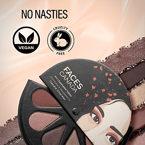 Faces Canada 6 In 1 Eyeshadow Palette - Olive Butter & Macadamia Oil, 6 g Candid Charmer 02 Rich Pigments, Satin Matte Finish