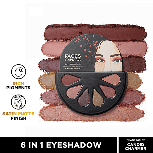 Faces Canada 6 In 1 Eyeshadow Palette - Olive Butter & Macadamia Oil, 6 g Candid Charmer 02 Rich Pigments, Satin Matte Finish