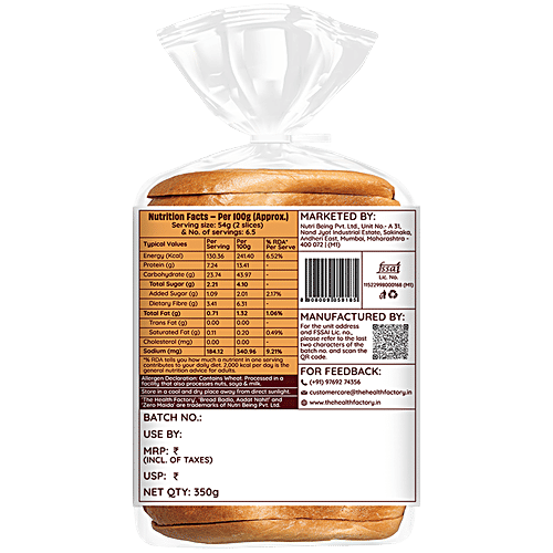 The Health Factory Whole Wheat Bread, 350 g No Chemicals, Preservatives, Emulsifiers