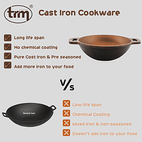 Trm Cast Iron Kadai - 23 cm, Round Bottom, 1.5 l