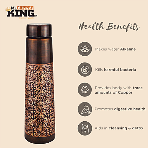 Mr. Copper King Antique Engraved Pure Copper Water Bottle - Tower, 800 ml  
