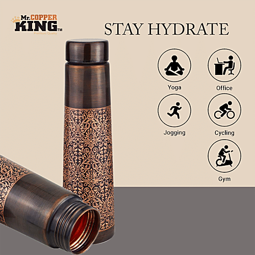 Mr. Copper King Antique Engraved Pure Copper Water Bottle - Tower, 800 ml  