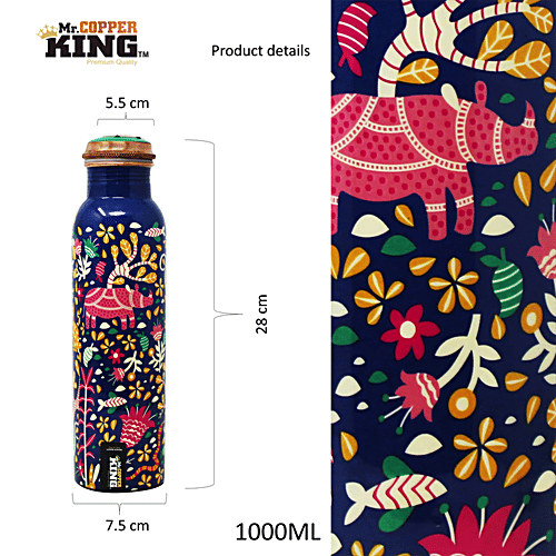 Mr. Copper King Pure Copper Water Bottle - Meena Blue Flower Printed, 1 L
