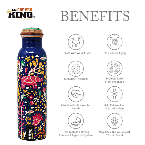 Mr. Copper King Pure Copper Water Bottle - Meena Blue Flower Printed, 1 L