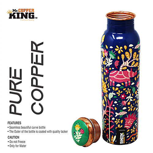 Mr. Copper King Pure Copper Water Bottle - Meena Blue Flower Printed, 1 L