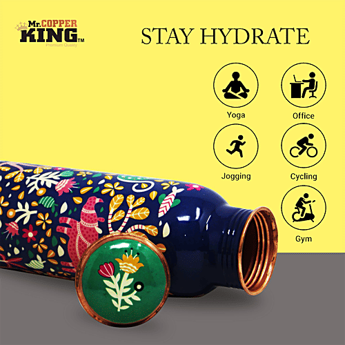 Mr. Copper King Pure Copper Water Bottle - Meena Blue Flower Printed, 1 L