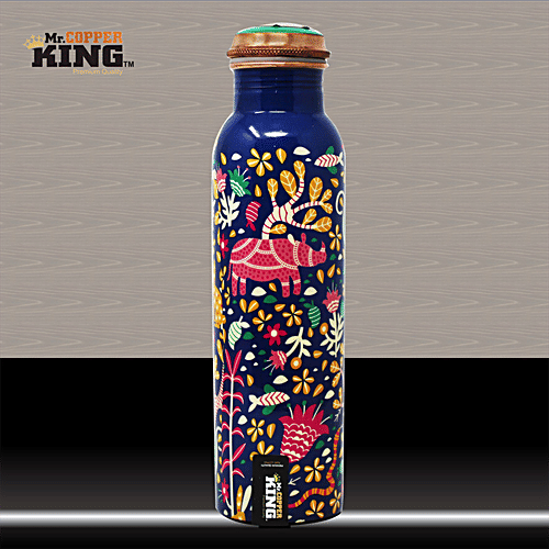 Mr. Copper King Pure Copper Water Bottle - Meena Blue Flower Printed, 1 L