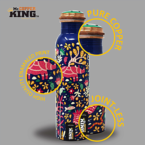 Mr. Copper King Pure Copper Water Bottle - Meena Blue Flower Printed, 1 L
