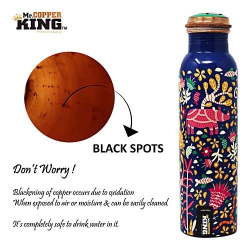 Mr. Copper King Pure Copper Water Bottle - Meena Blue Flower Printed, 1 L
