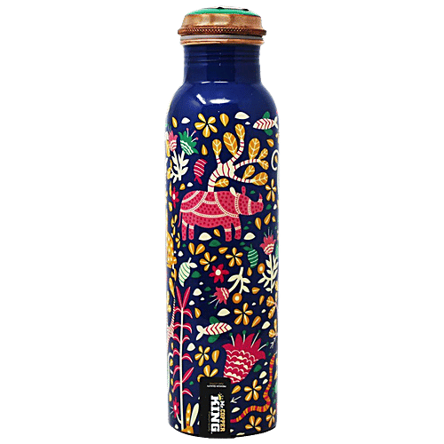 Mr. Copper King Pure Copper Water Bottle - Meena Blue Flower Printed, 1 L