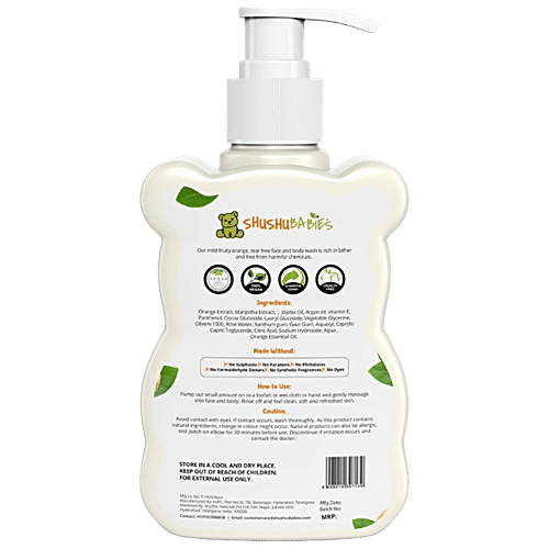 ShuShu Babies Fruity Orange Face & Body Wash For Kids, 200 ml  With Orange Extract & Manjistha, Tear Free, Toxin Free, pH Balanced, Hypoallergenic