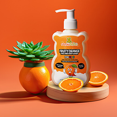 ShuShu Babies Fruity Orange Face & Body Wash For Kids, 200 ml  With Orange Extract & Manjistha, Tear Free, Toxin Free, pH Balanced, Hypoallergenic