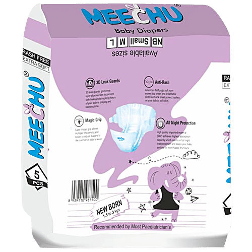 MEECHU Taped Type Diapers - Newborn, 1.5-3 kg, All Night Protection & High Absorption Capacity, 25 pcs  