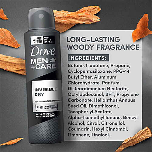 Dove Deo Men+Care Invisible Dry Spray Antiperspirant Deodorant, 150 ml  Anti-Yellow Stains, Anti-White Marks, 48 Hours Sweat & Odour Protection, Moisturising Cream, Non-Irritant on Skin, Long-Lasting Fragrance