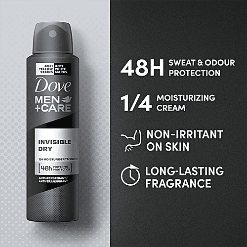 Dove Deo Men+Care Invisible Dry Spray Antiperspirant Deodorant, 150 ml  Anti-Yellow Stains, Anti-White Marks, 48 Hours Sweat & Odour Protection, Moisturising Cream, Non-Irritant on Skin, Long-Lasting Fragrance
