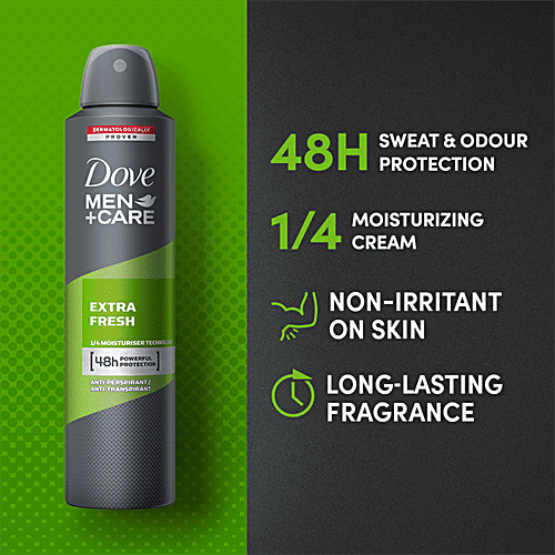Dove Deo Men+Care Extra Fresh Dry Spray Antiperspirant Deodorant, 250 ml Dermatologically Proven, 48 Hours Sweat & Odour Protection, Moisturising Cream, Non-Irritant on Skin, Long-Lasting Fragrance
