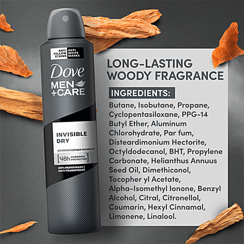 Dove Deo Men+Care Invisible Dry Spray Antiperspirant Deodorant, 250 ml Anti-Yellow Stains, Anti-White Marks, 48 Hours Sweat & Odour Protection, Moisturising Cream, Non-Irritant on Skin, Long-Lasting Fragrance