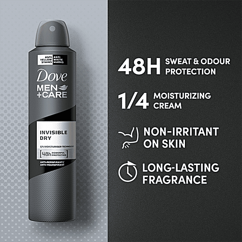 Dove Deo Men+Care Invisible Dry Spray Antiperspirant Deodorant, 250 ml Anti-Yellow Stains, Anti-White Marks, 48 Hours Sweat & Odour Protection, Moisturising Cream, Non-Irritant on Skin, Long-Lasting Fragrance