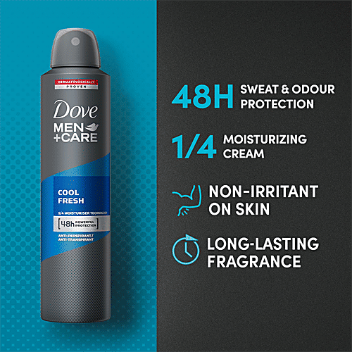 Dove Deo Men+Care Cool Fresh Dry Spray Antiperspirant Deodorant, 250 ml  Dermatologically Proven, 48 Hours Sweat & Odour Protection, Moisturising Cream, Non-Irritant on Skin, Long-Lasting Fragrance