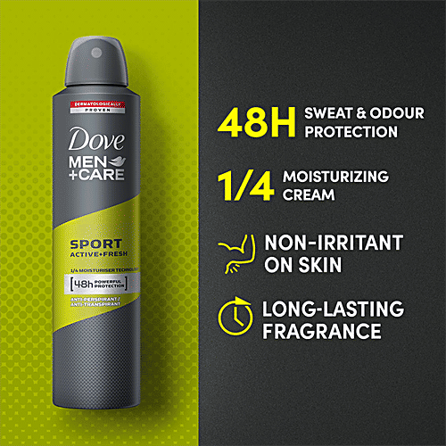 Dove Deo Men+Care Sport Active+Fresh Dry Spray Antiperspirant Deodorant, 250 ml  Dermatologically Proven, 48 Hours Sweat & Odour Protection, Moisturising Cream, Non-Irritant on Skin, Long-Lasting Fragrance