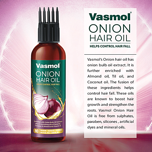 Vasmol Onion Hair Oil Helps Control Hair Fall & Strengthens Hair, 200 ml  No Parabens, Sulphates, Silicones, Artificial Dyes, Mineral Oil