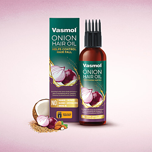 Vasmol Onion Hair Oil Helps Control Hair Fall & Strengthens Hair, 200 ml  No Parabens, Sulphates, Silicones, Artificial Dyes, Mineral Oil