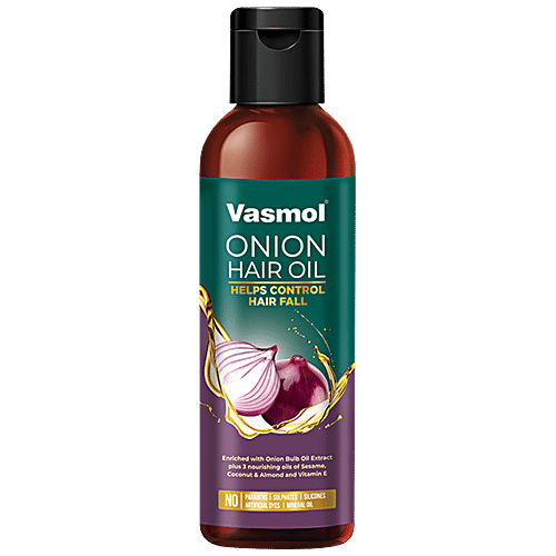 Vasmol Onion Hair Oil Helps Control Hair Fall & Strengthens Hair, 200 ml  No Parabens, Sulphates, Silicones, Artificial Dyes, Mineral Oil