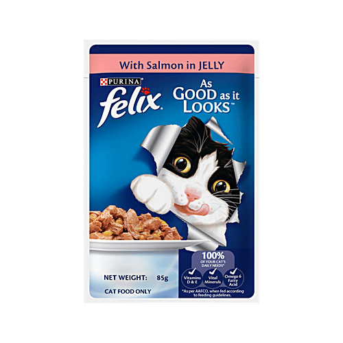 Purina Felix With Salmon In Jelly Adult Wet Cat Food, 85 g (Pack of 12) Complete & Balanced Cat Food, Vitamins D & E, Vital Minerals, Omega 6 Fatty Acid