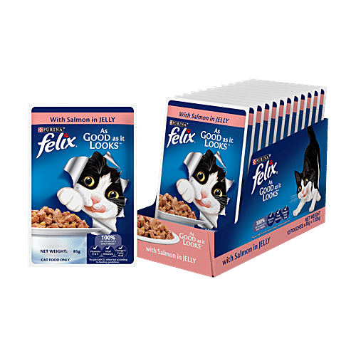 Purina Felix With Salmon In Jelly Adult Wet Cat Food, 85 g (Pack of 12) Complete & Balanced Cat Food, Vitamins D & E, Vital Minerals, Omega 6 Fatty Acid