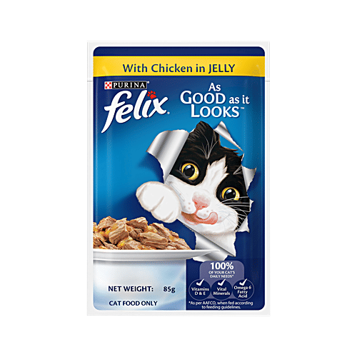 Purina Felix With Chicken In Jelly Adult Wet Cat Food, 85 g (Pack of 12) Complete & Balanced Cat Food, Vitamins D & E, Vital Minerals, Omega 6 Fatty Acid