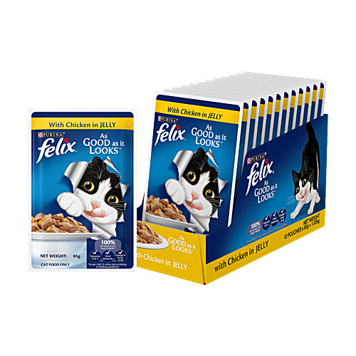 Purina Felix With Chicken In Jelly Adult Wet Cat Food, 85 g (Pack of 12) Complete & Balanced Cat Food, Vitamins D & E, Vital Minerals, Omega 6 Fatty Acid