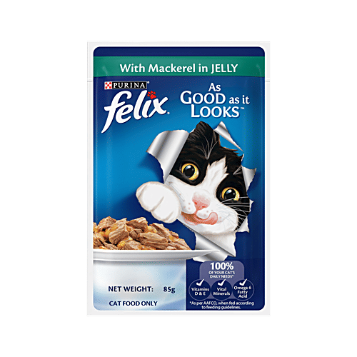 Purina Felix With Mackerel In Jelly Adult Wet Cat Food, 85 g (Pack of 12) Complete & Balanced Cat Food, Vitamins D & E, Vital Minerals, Omega 6 Fatty Acid